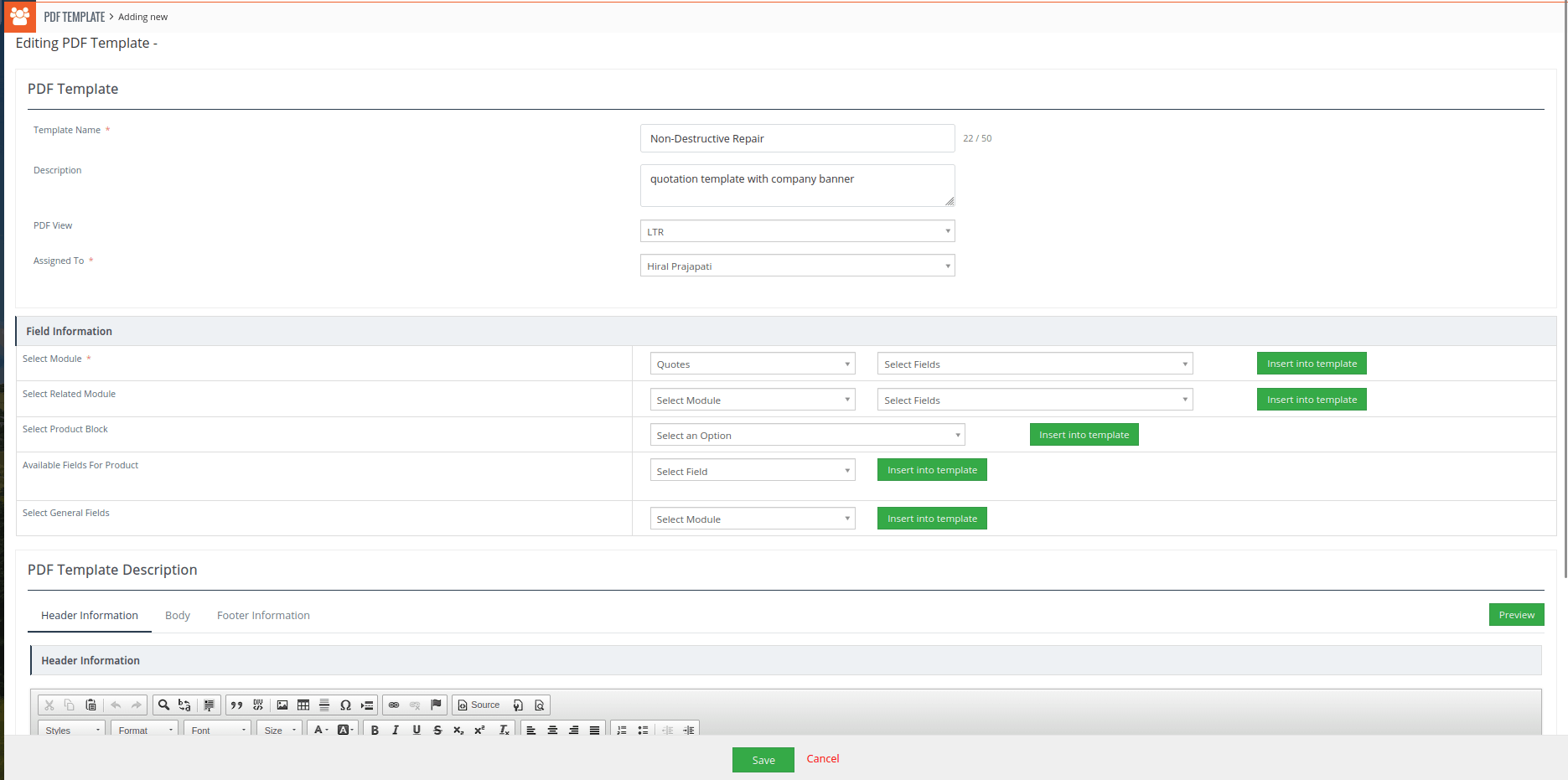PDF template creation page with basic settings