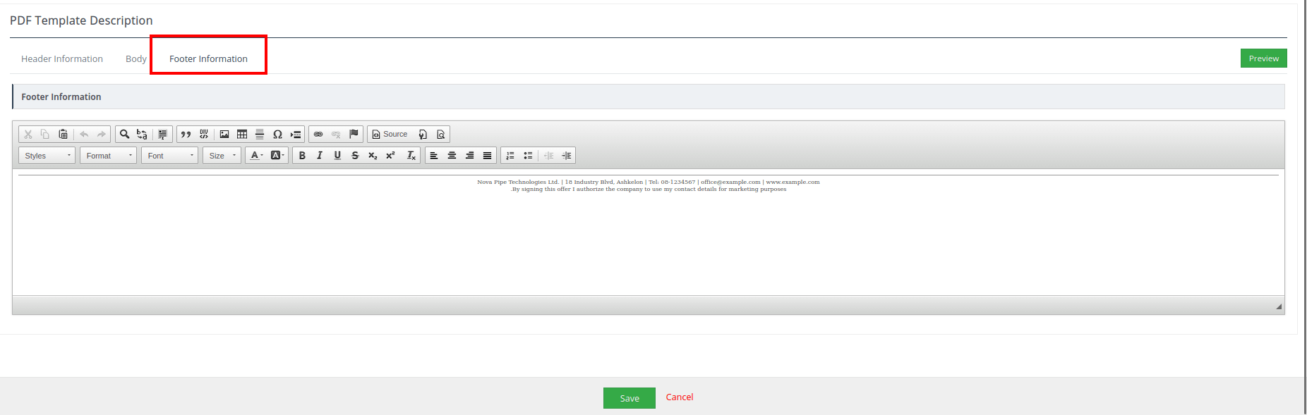 Add company contact details to the PDF template footer