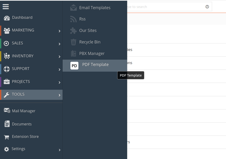PDF template other Settings link