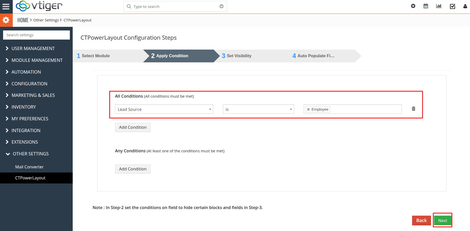 Power Layout Step 2 Configure Conditions settings
