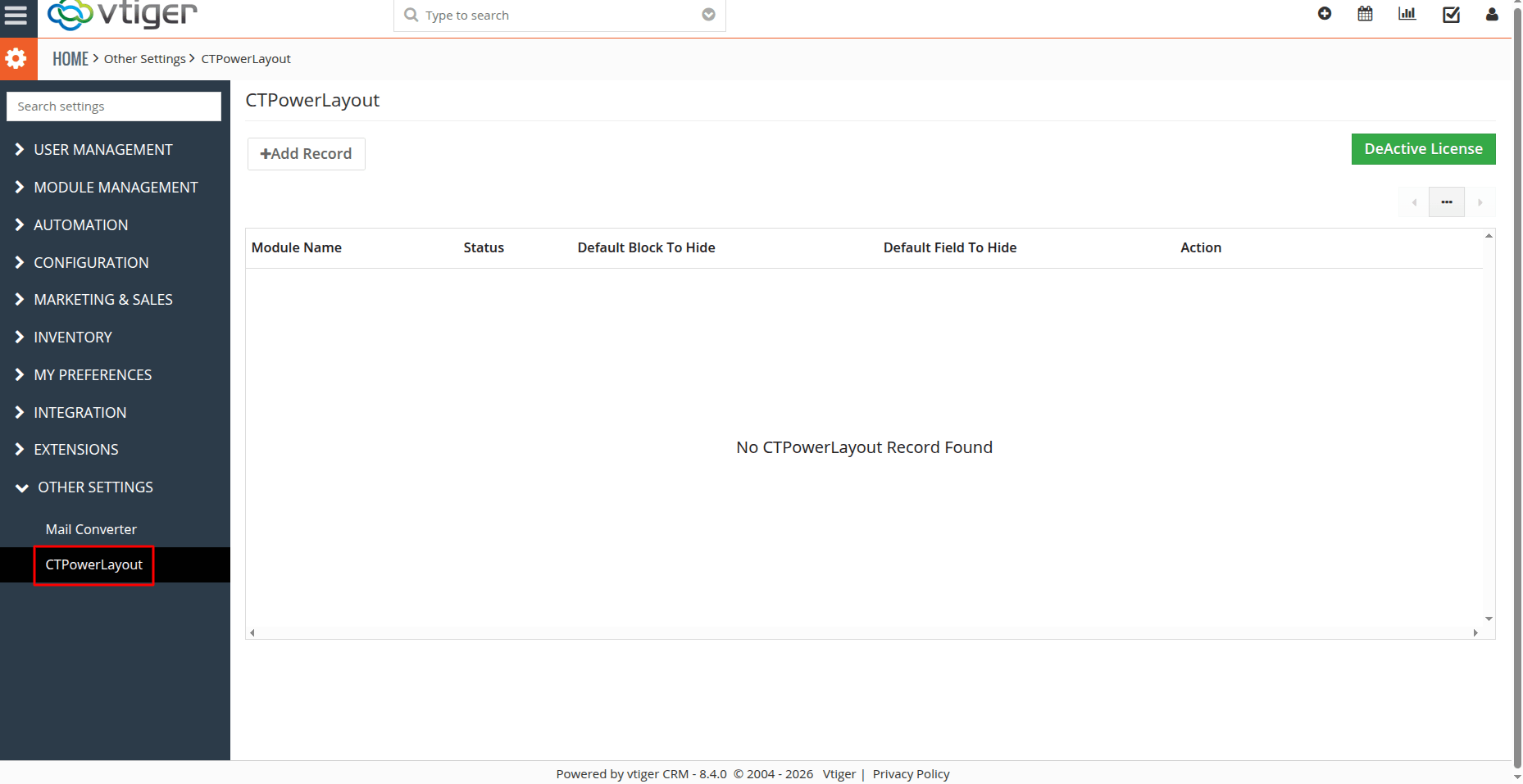 Power Layout option under CRM Settings menu