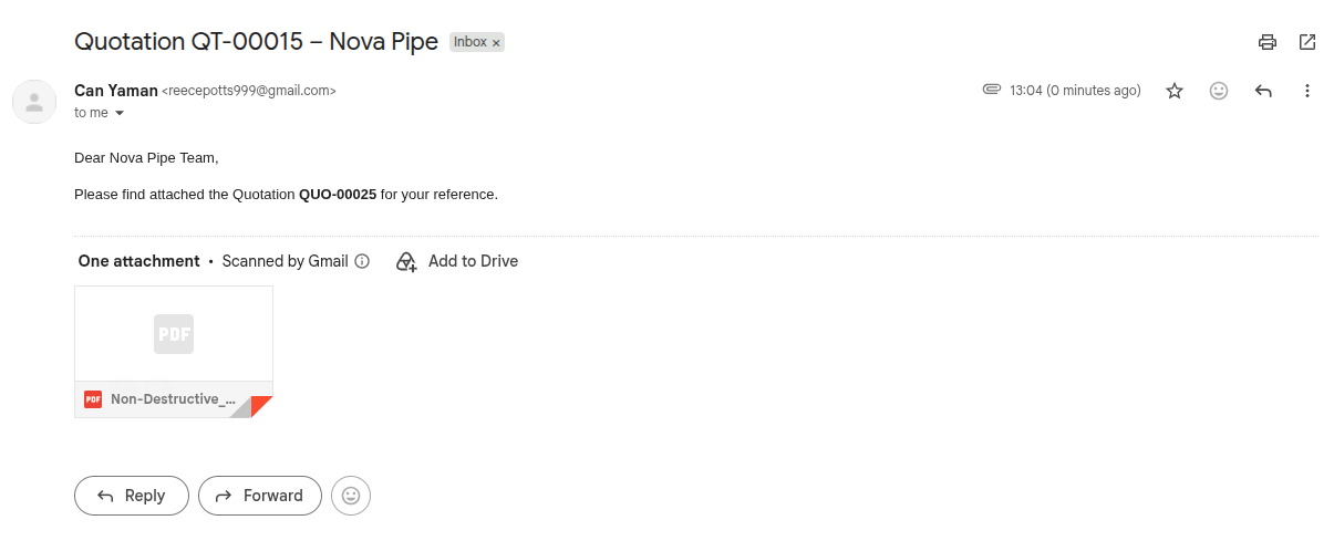 Received email with the generated PDF file attached