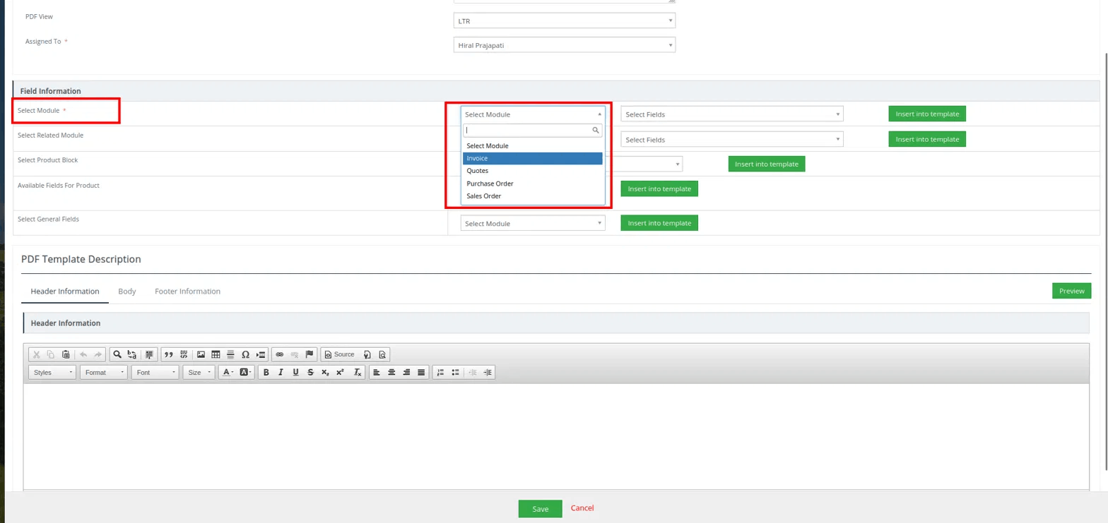 Select a CRM module for PDF template creation