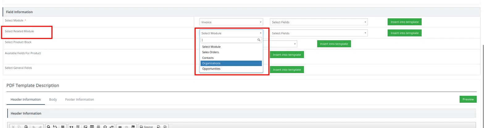 Select related module fields and insert into PDF template