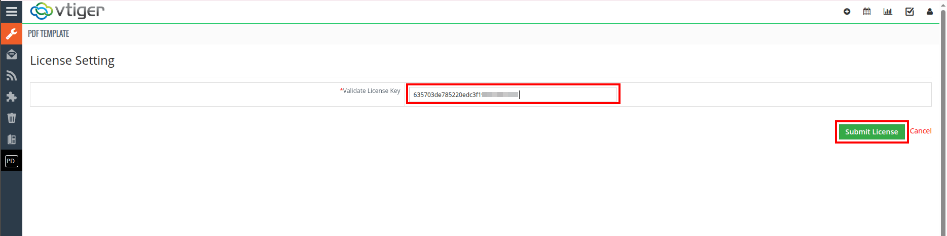 vTiger PDF template license key validation settings