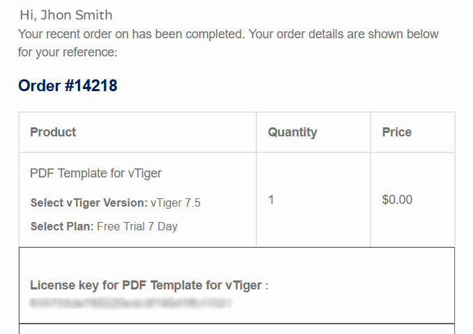 vTiger PDF template order confirmation and license key